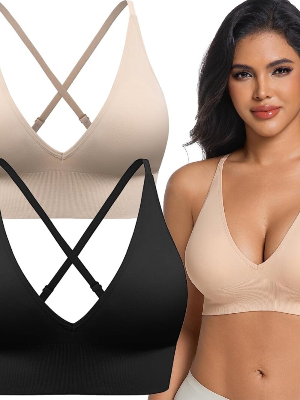 Chic Women's Seamless Deep V-Neck Wireless Bra, Light Support - Size Medium